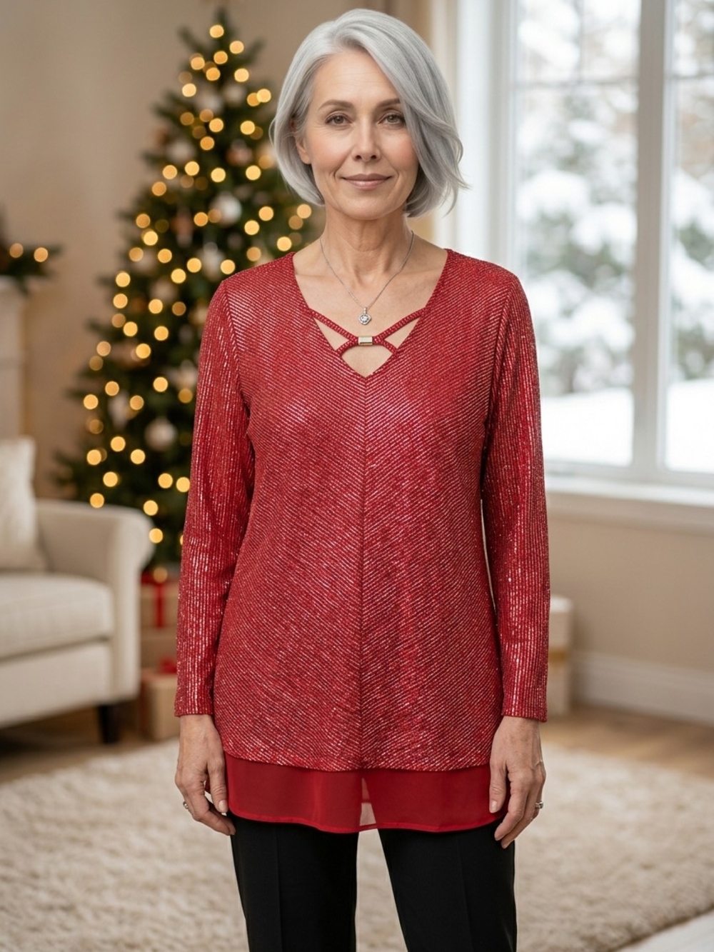 JM Collection Red Metallic V-Neck Long-Sleeve Top with Sheer Hem